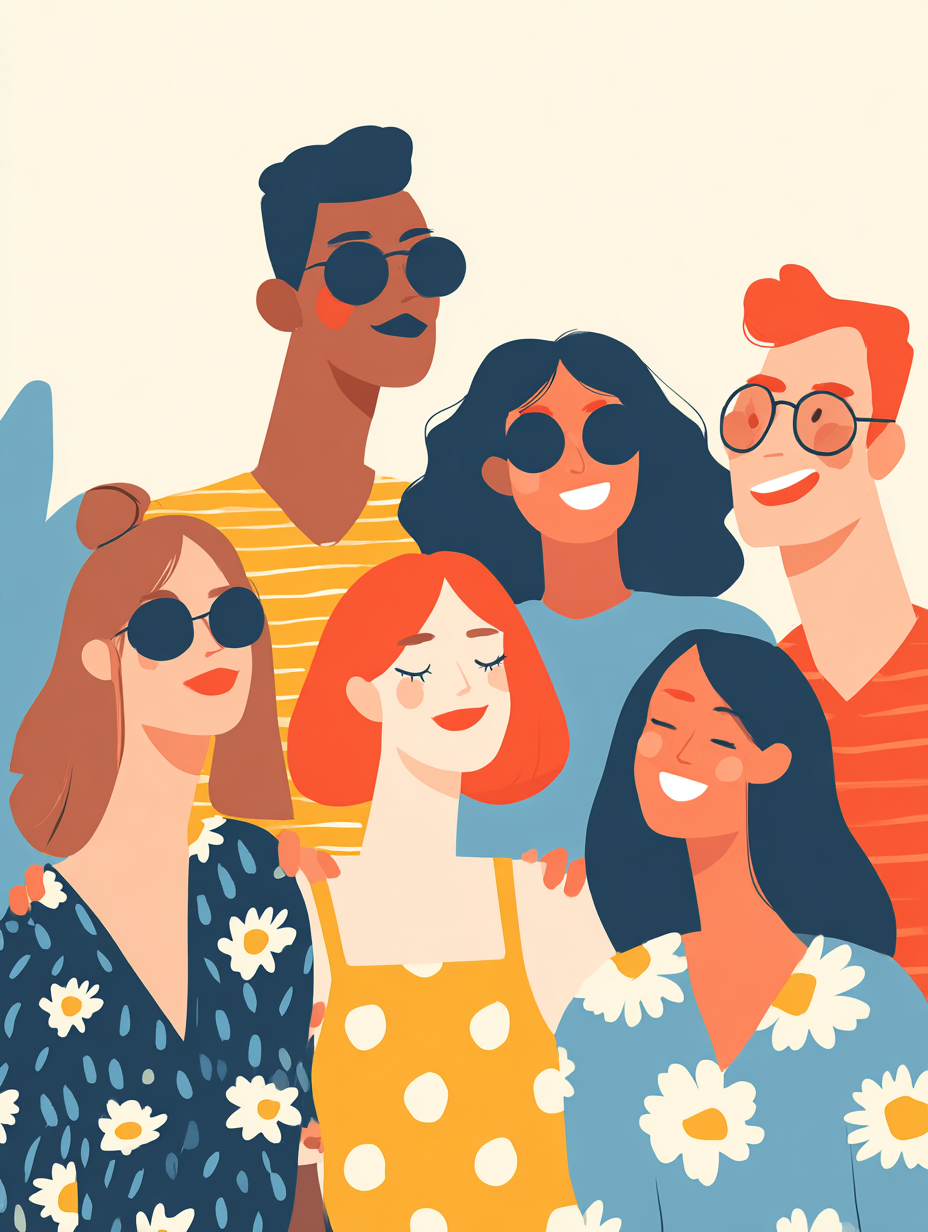 Colourful illustration of a diverse group of happy travellers