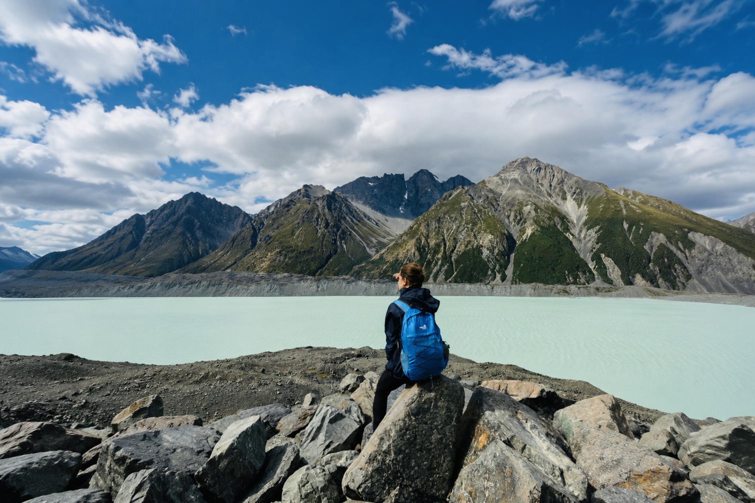 Solo traveller sitting on rocks overlooking a glacial lake and mountains